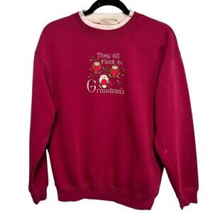 Vintage "They All Flock to Grandmas" Embroidered Owl Sweatshirt M Red Cottage